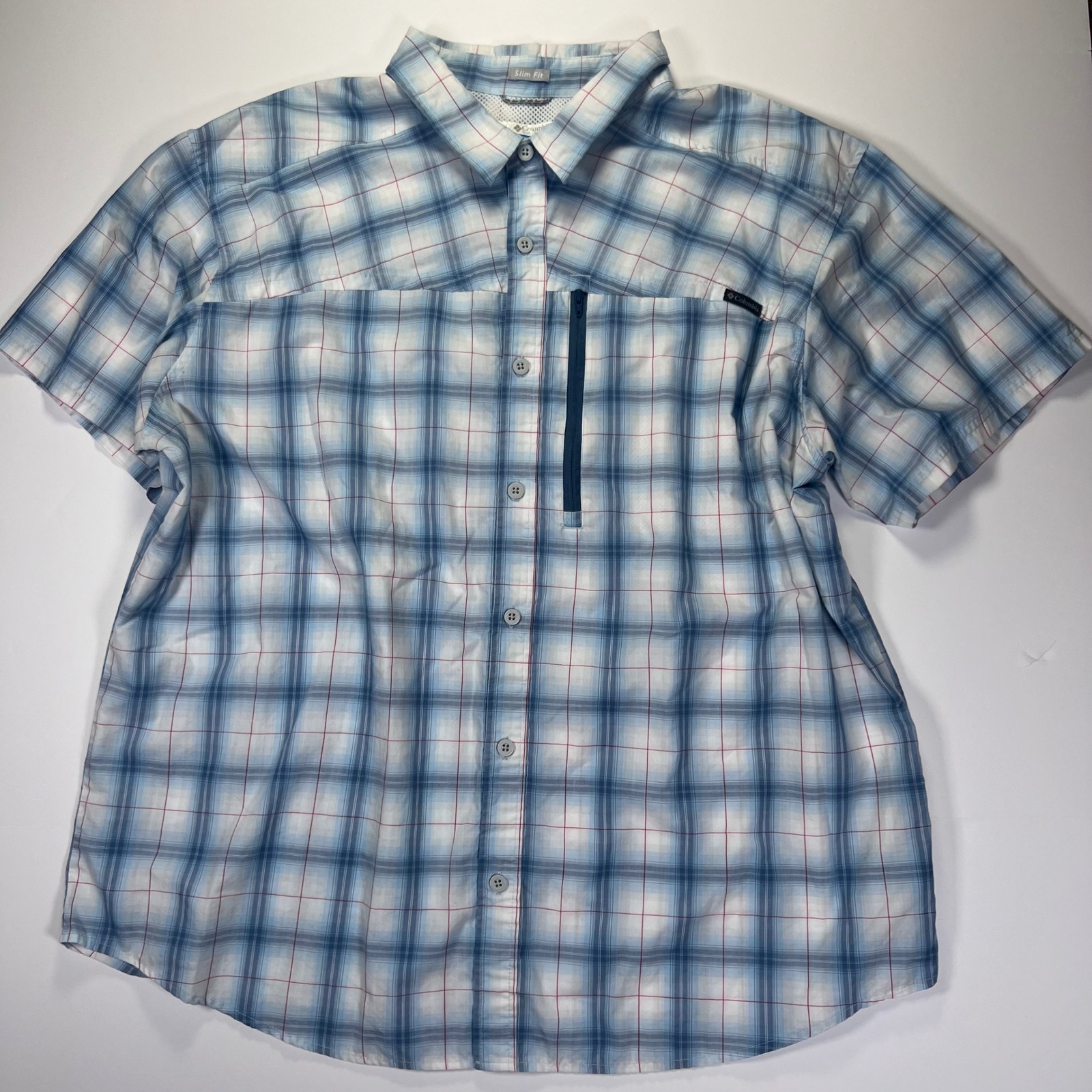 Columbia Mens Xxl Slim Fit Blue Plaid Short Sleeve Buttonup Fishing Hiking Shirt